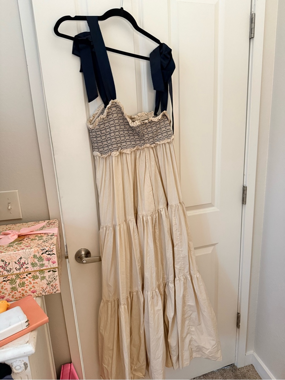 Free People Cream Maxi Dress with Navy Tie Straps